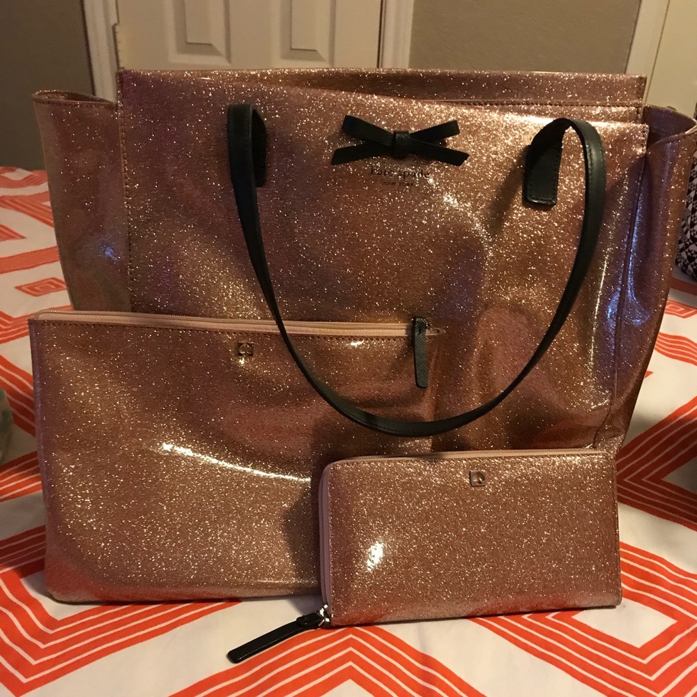 Kate spade glitter tote with wallet & makeup bag